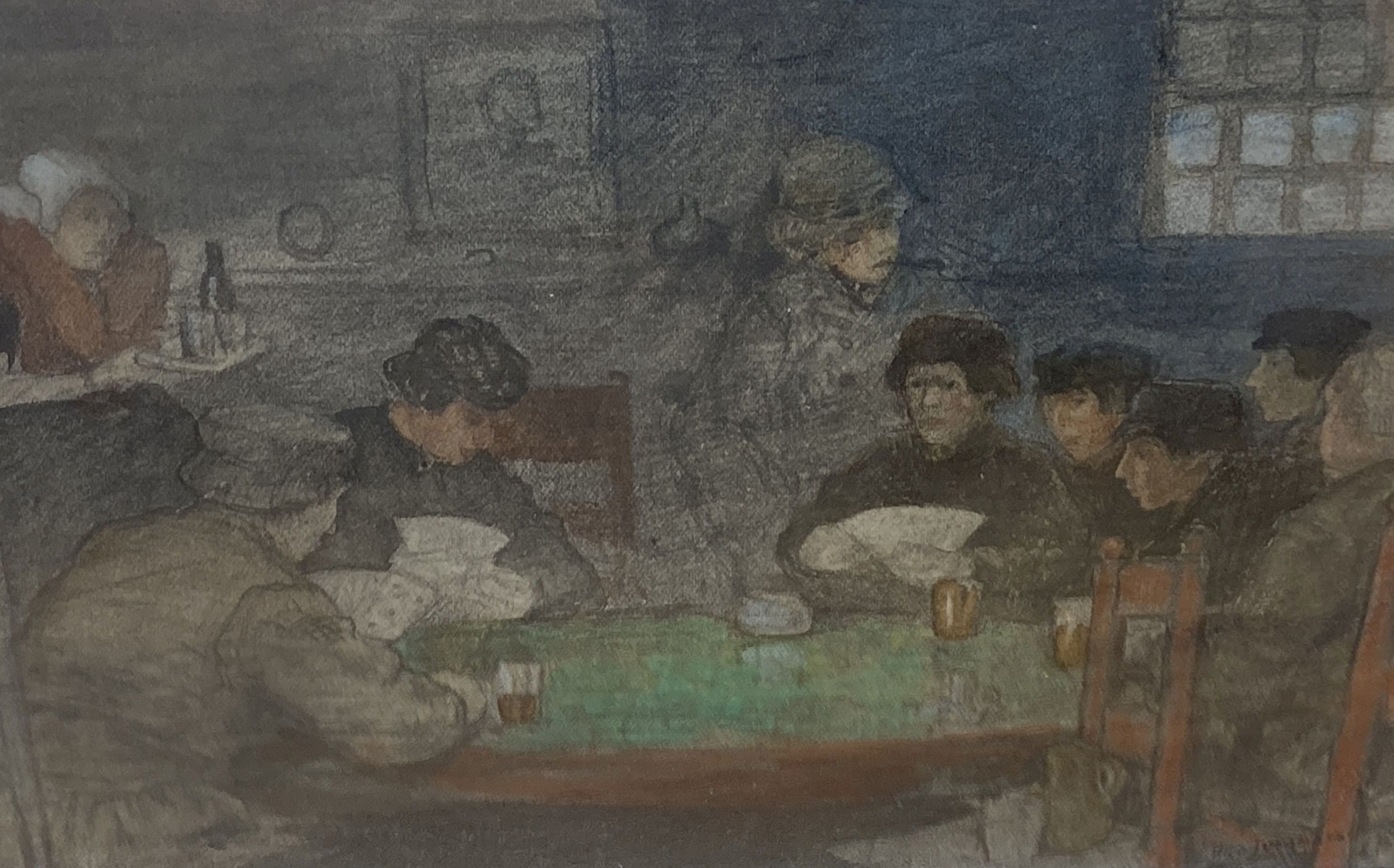 Attributed to Nico Jungman (1872-1935), pencil and watercolour, Card players around a table, signed, 13.5 x 20.5cm